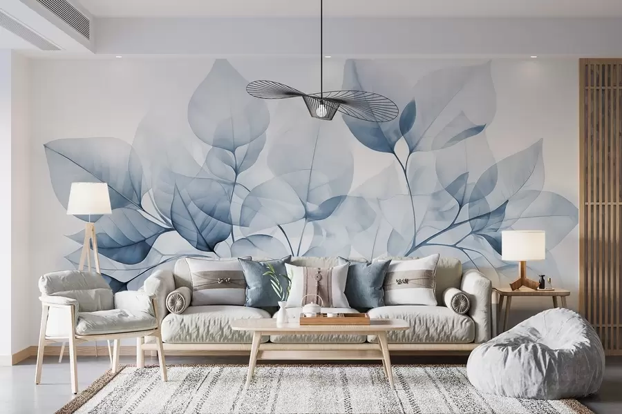 murais de parede Pintura em aquarela de folhas translúcidas em cores pastéis, com tons de branco e azul w08910v1
