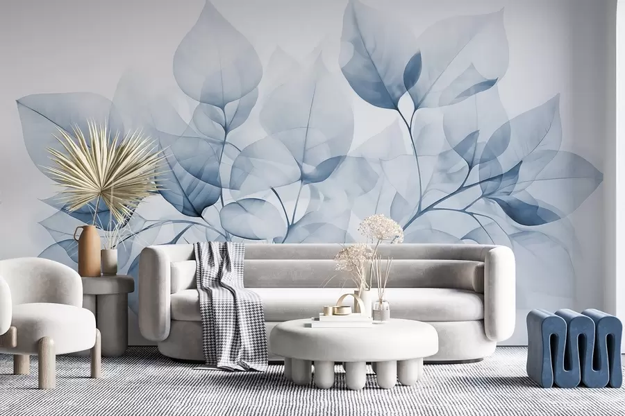 murais de parede Pintura em aquarela de folhas translúcidas em cores pastéis, com tons de branco e azul w08910v1