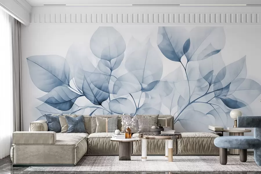 murais de parede Pintura em aquarela de folhas translúcidas em cores pastéis, com tons de branco e azul w08910v1