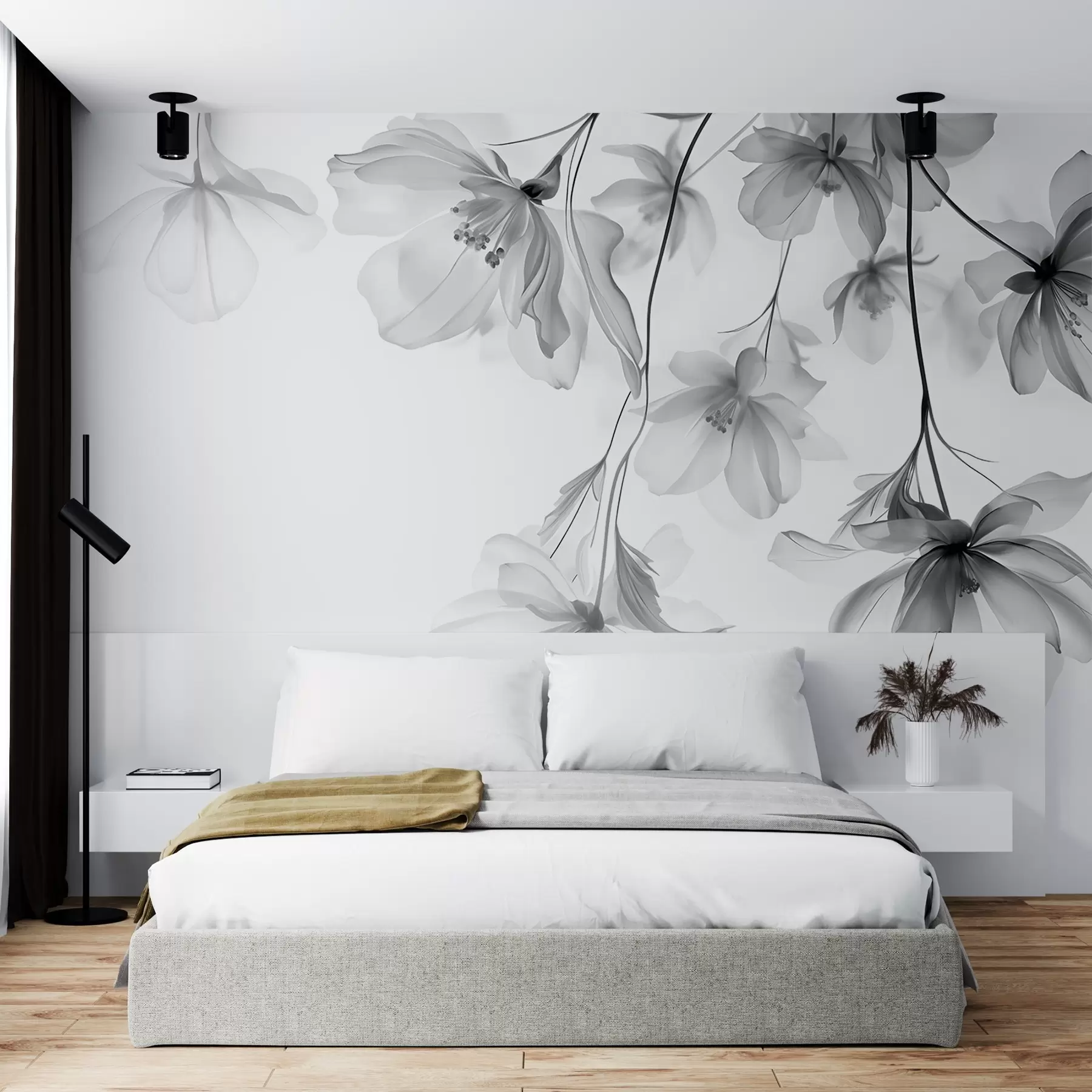 murais de parede Flores pretas com pétalas translúcidas penduradas em um galho, preto e branco, composição de arte moderna minimalista w08911