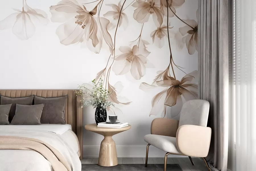 murais de parede Flores bege com pétalas translúcidas penduradas em um galho, bege e branco, composição de arte moderna minimalista w08911v1