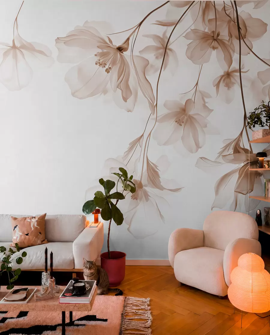 murais de parede Flores bege com pétalas translúcidas penduradas em um galho, bege e branco, composição de arte moderna minimalista w08911v1