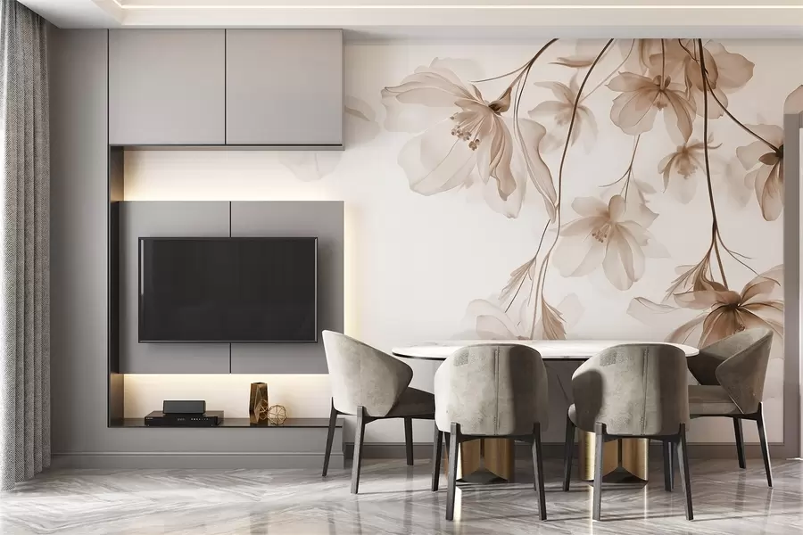 murais de parede Flores bege com pétalas translúcidas penduradas em um galho, bege e branco, composição de arte moderna minimalista w08911v1