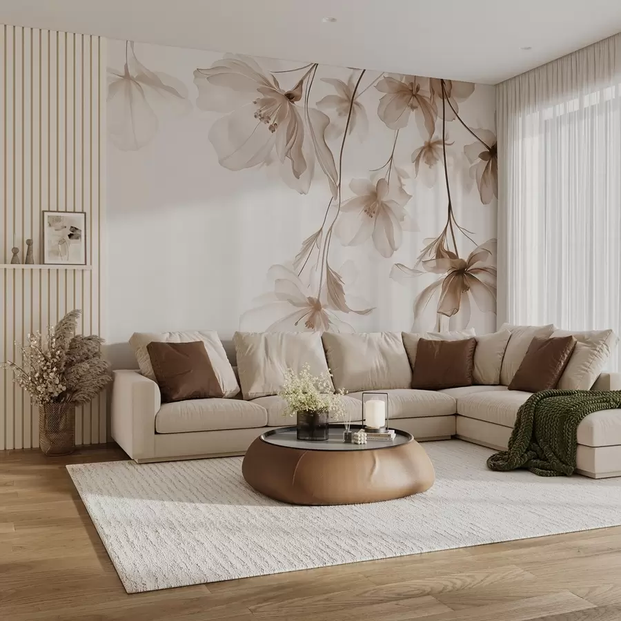 murais de parede Flores bege com pétalas translúcidas penduradas em um galho, bege e branco, composição de arte moderna minimalista w08911v1