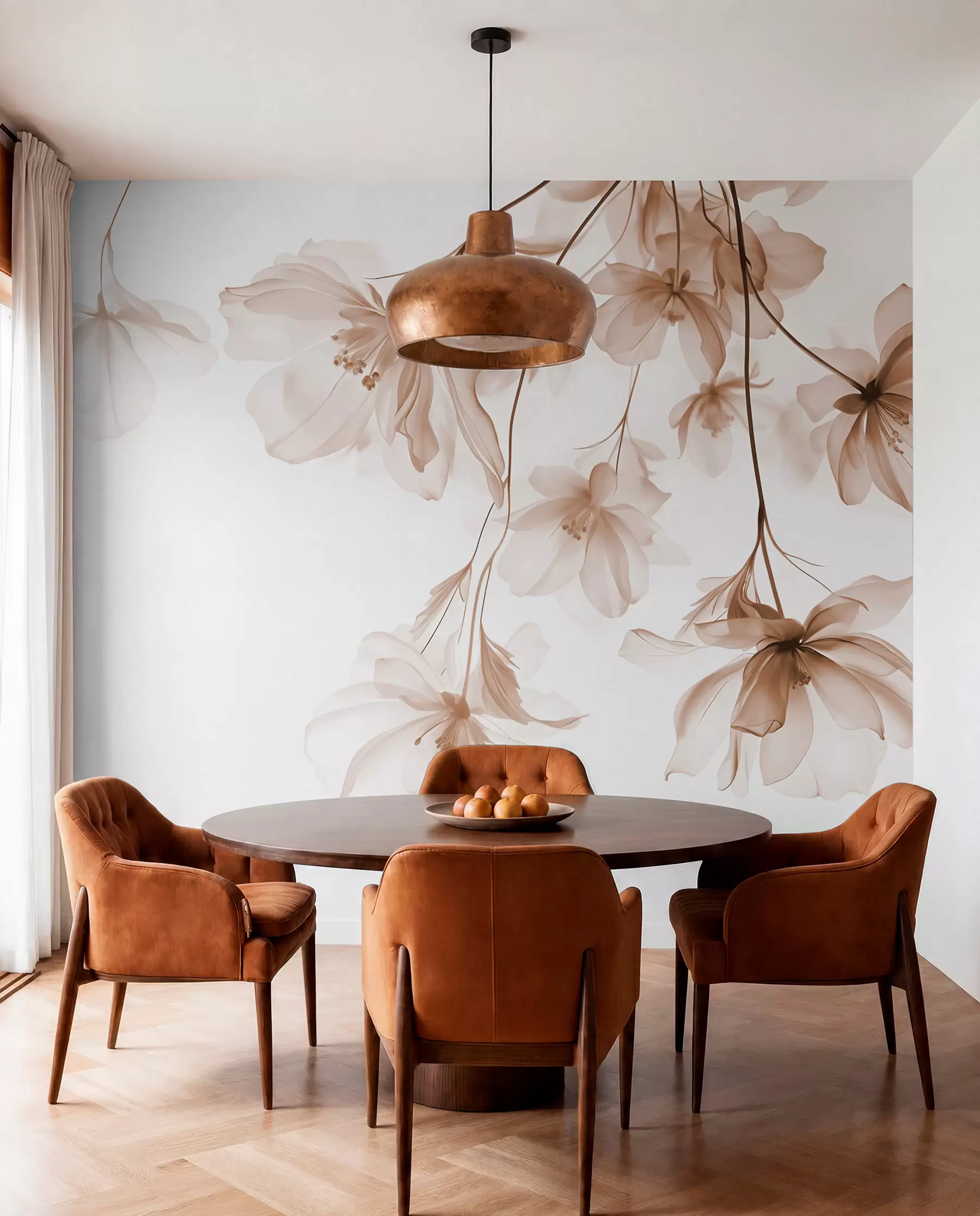 murais de parede Flores bege com pétalas translúcidas penduradas em um galho, bege e branco, composição de arte moderna minimalista w08911v1