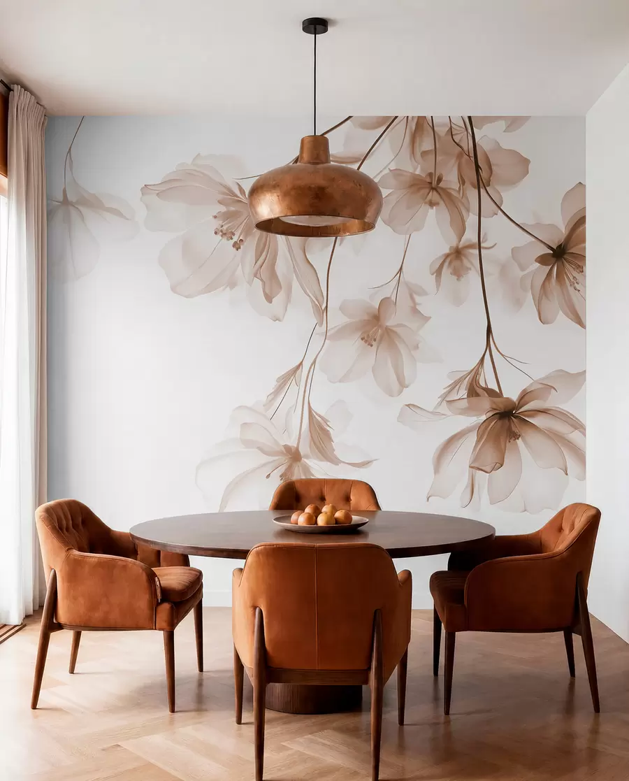 murais de parede Flores bege com pétalas translúcidas penduradas em um galho, bege e branco, composição de arte moderna minimalista w08911v1