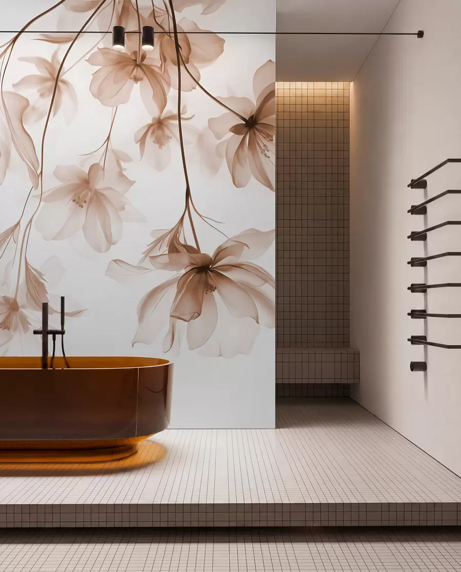murais de parede Flores bege com pétalas translúcidas penduradas em um galho, bege e branco, composição de arte moderna minimalista w08911v1