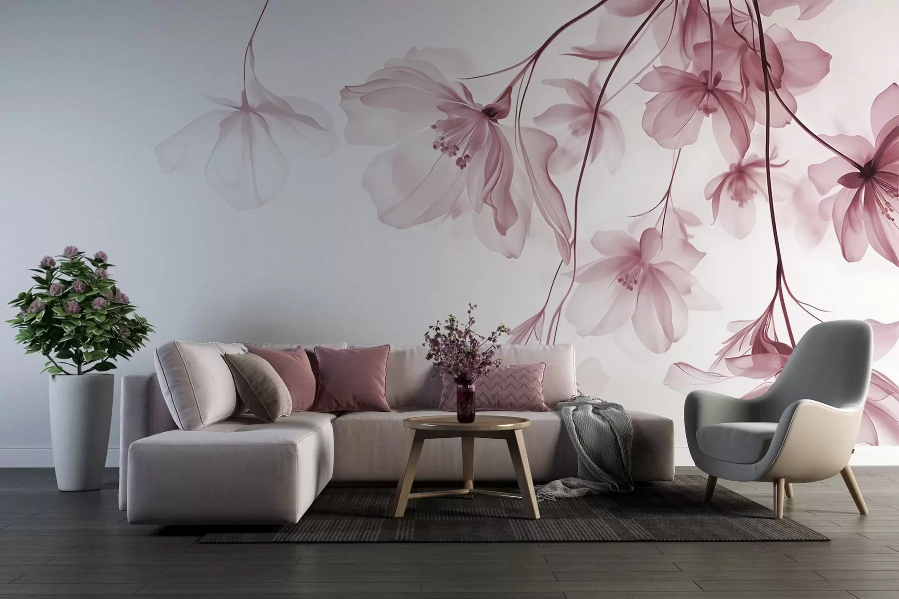 murais de parede Flores rosa com pétalas translúcidas penduradas em um galho, rosa e branco, composição de arte moderna minimalista w08911v2