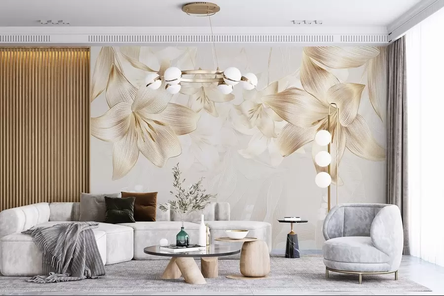 murais de parede Lírios amarelos com detalhes de linhas complexas, arranjo floral elegante, paleta de cores neutras w08912