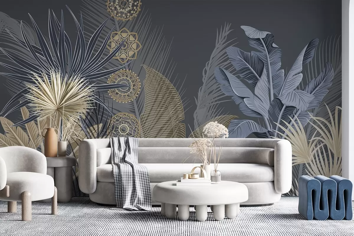 murais de parede Folhas tropicais em tons de azul e marrom, folhas de palmeira, folhas de bananeira e ornamentos de mandala, fundo escuro w08913