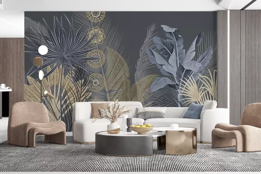 murais de parede Folhas tropicais em tons de azul e marrom, folhas de palmeira, folhas de bananeira e ornamentos de mandala, fundo escuro w08913