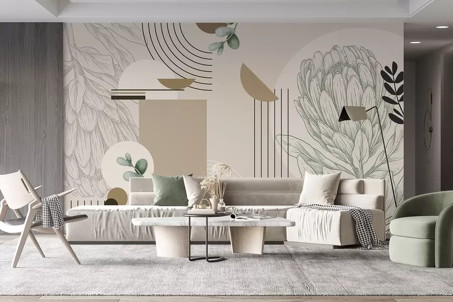 murais de parede Estampa botânica abstrata com flor de protea, folhas de eucalipto, formas geométricas em um estilo minimalista, cores pastéis w08914