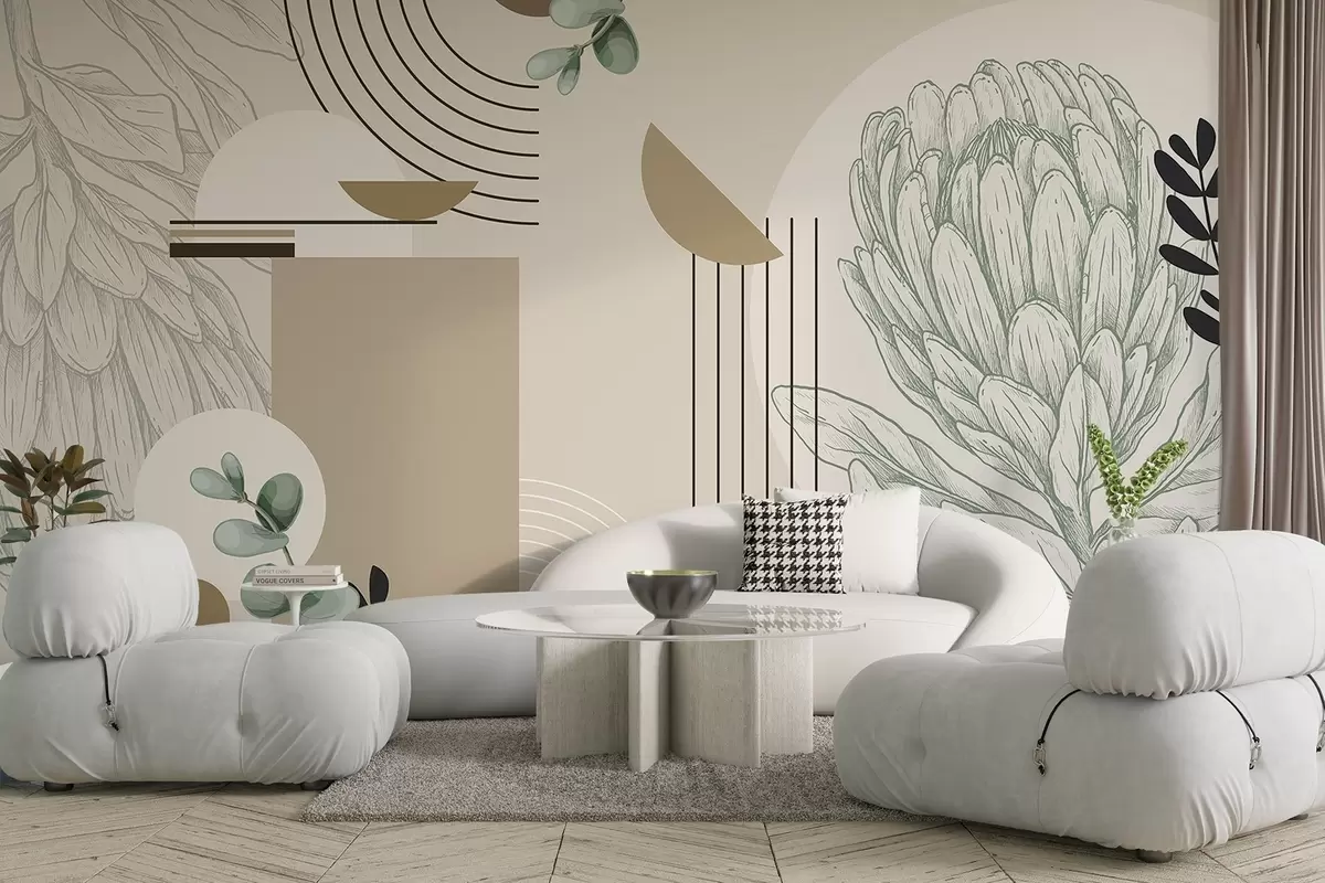murais de parede Estampa botânica abstrata com flor de protea, folhas de eucalipto, formas geométricas em um estilo minimalista, cores pastéis w08914