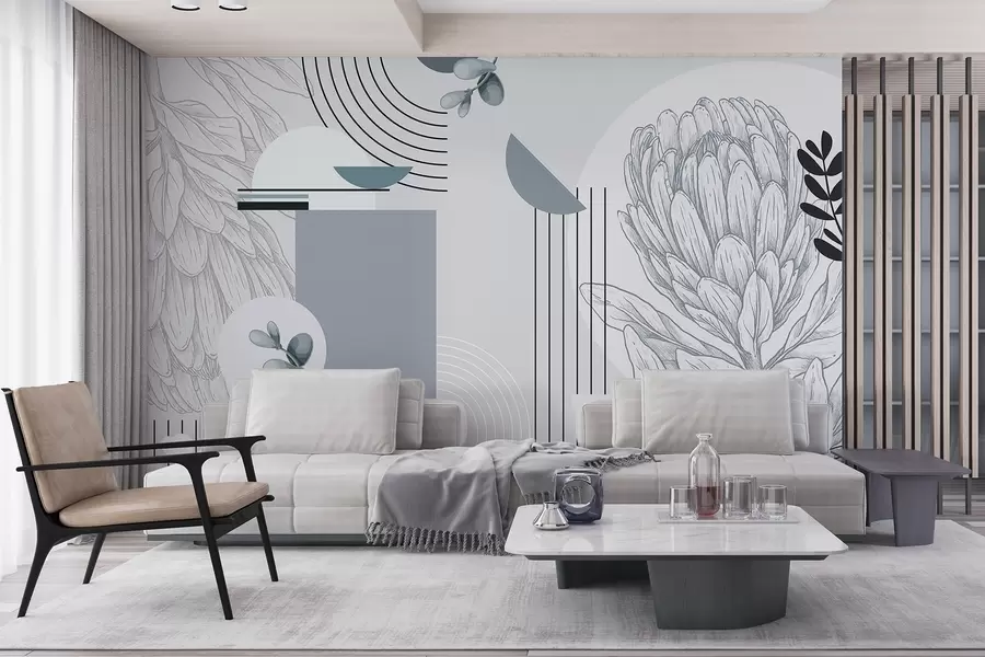 murais de parede Estampa botânica abstrata com flor de protea, folhas de eucalipto, formas geométricas em um estilo minimalista, cores pastéis w08914v1