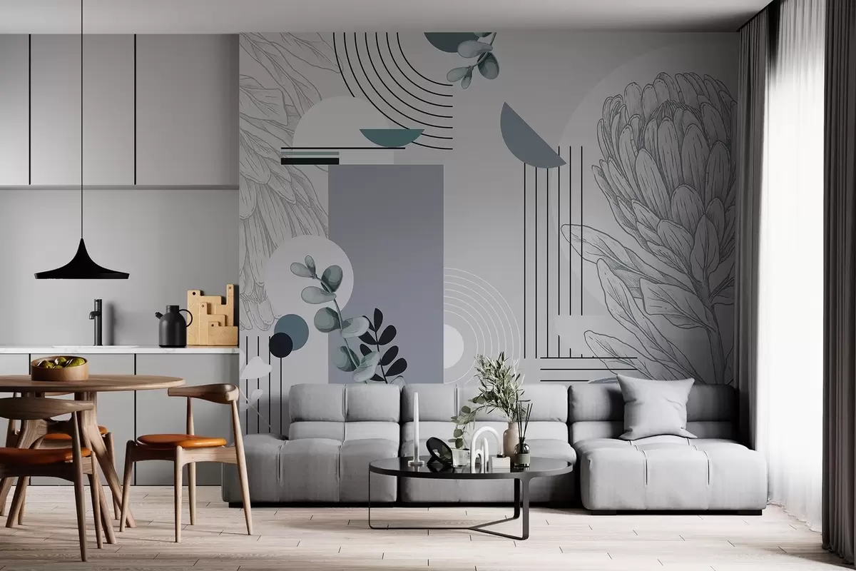 murais de parede Estampa botânica abstrata com flor de protea, folhas de eucalipto, formas geométricas em um estilo minimalista, cores pastéis w08914v1