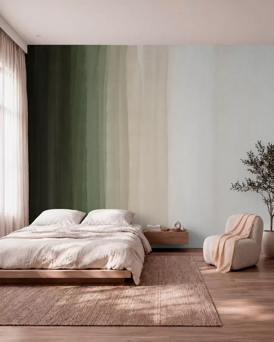 murais de parede Impressão abstrata minimalista em gradiente com listras verticais em verde escuro, bege e branco  w08915