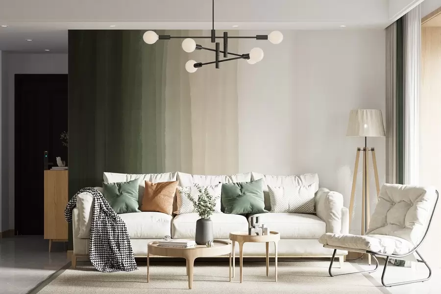 murais de parede Impressão abstrata minimalista em gradiente com listras verticais em verde escuro, bege e branco  w08915