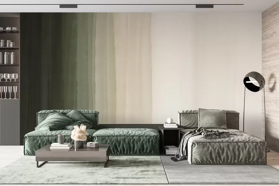 murais de parede Impressão abstrata minimalista em gradiente com listras verticais em verde escuro, bege e branco  w08915