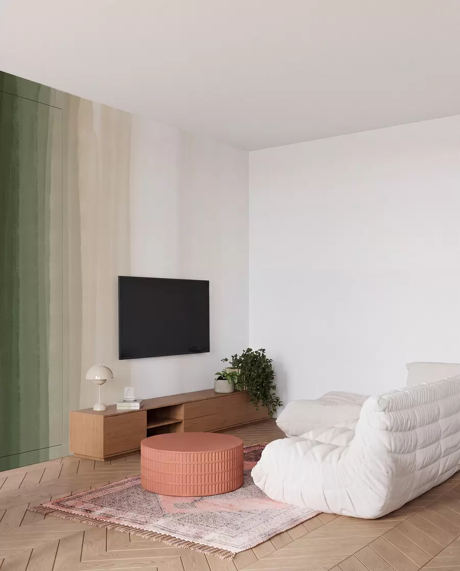 murais de parede Impressão abstrata minimalista em gradiente com listras verticais em verde escuro, bege e branco  w08915