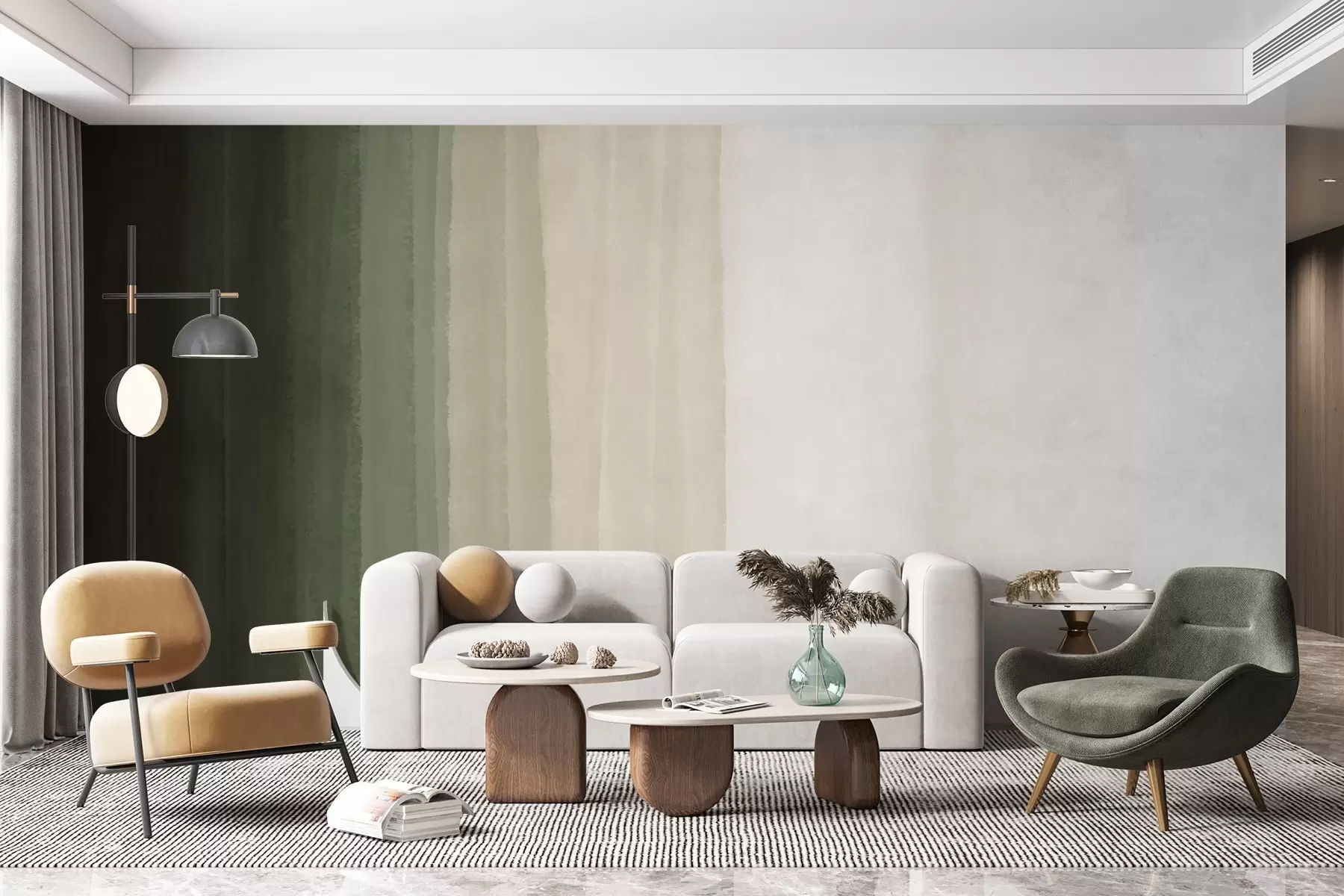 murais de parede Impressão abstrata minimalista em gradiente com listras verticais em verde escuro, bege e branco  w08915