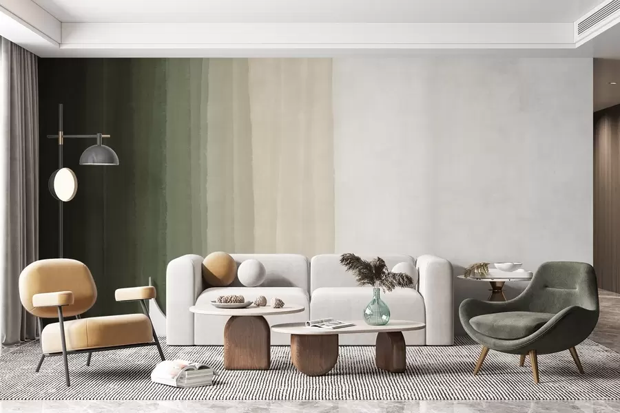 murais de parede Impressão abstrata minimalista em gradiente com listras verticais em verde escuro, bege e branco  w08915