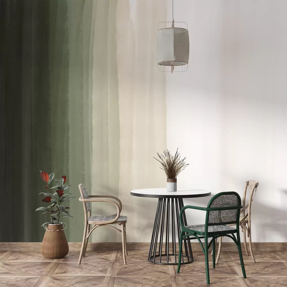 murais de parede Impressão abstrata minimalista em gradiente com listras verticais em verde escuro, bege e branco  w08915