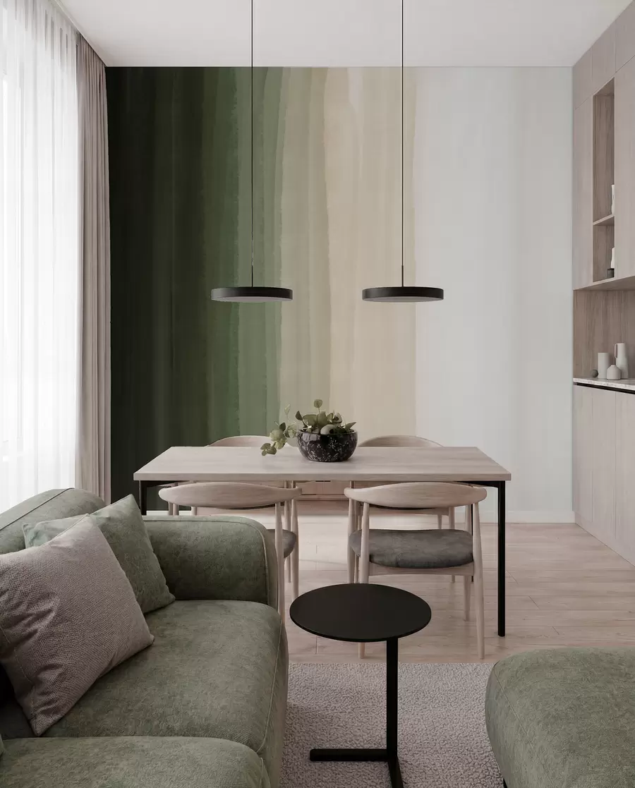 murais de parede Impressão abstrata minimalista em gradiente com listras verticais em verde escuro, bege e branco  w08915