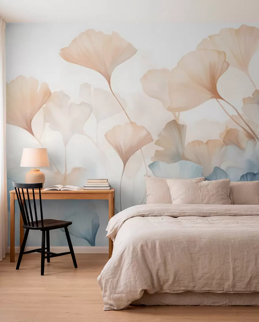 murais de parede Folhas de ginkgo em aquarela azul e laranja, pétalas translúcidas, caules delicados, paleta de cores suaves w08917