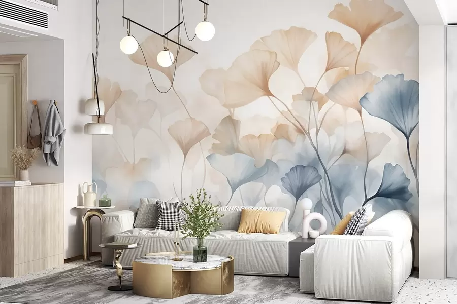 murais de parede Folhas de ginkgo em aquarela azul e laranja, pétalas translúcidas, caules delicados, paleta de cores suaves w08917