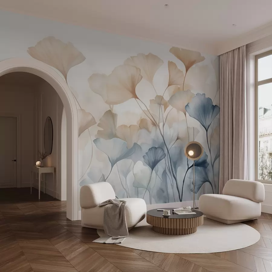 murais de parede Folhas de ginkgo em aquarela azul e laranja, pétalas translúcidas, caules delicados, paleta de cores suaves w08917