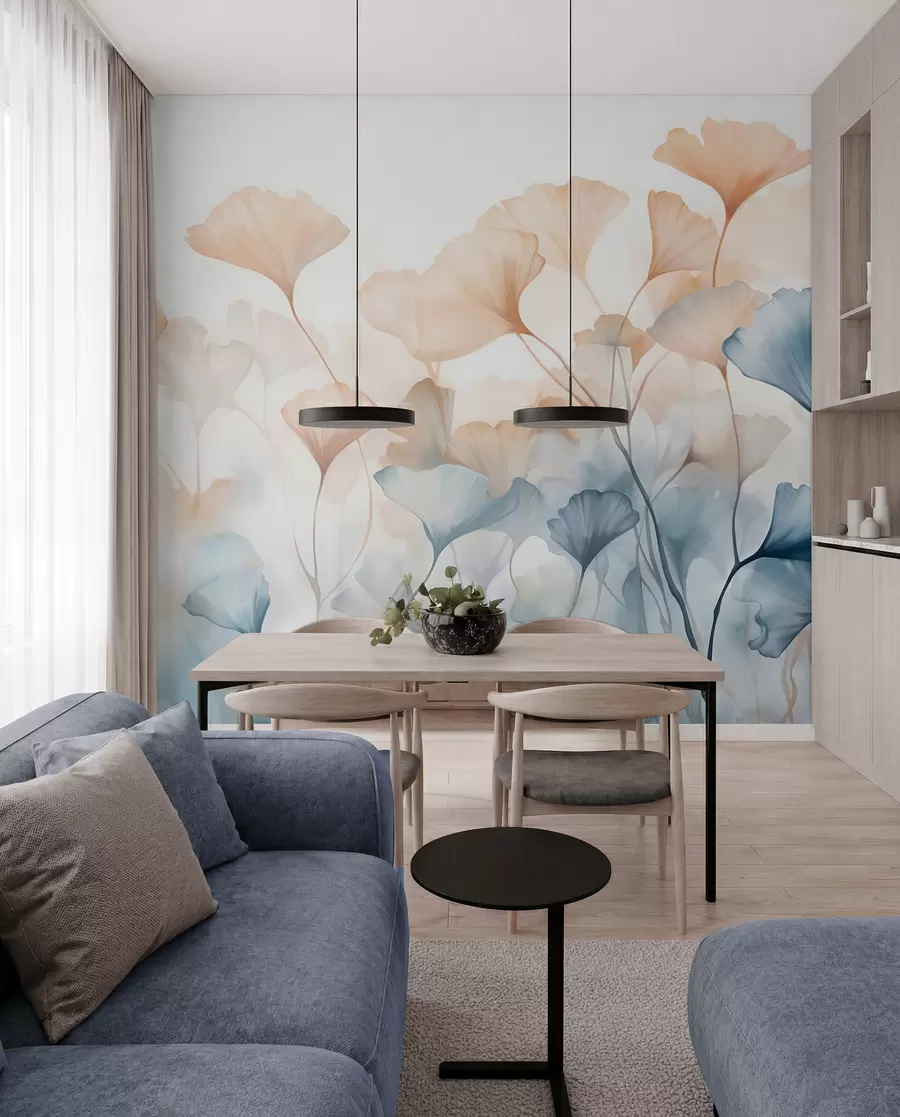 murais de parede Folhas de ginkgo em aquarela azul e laranja, pétalas translúcidas, caules delicados, paleta de cores suaves w08917
