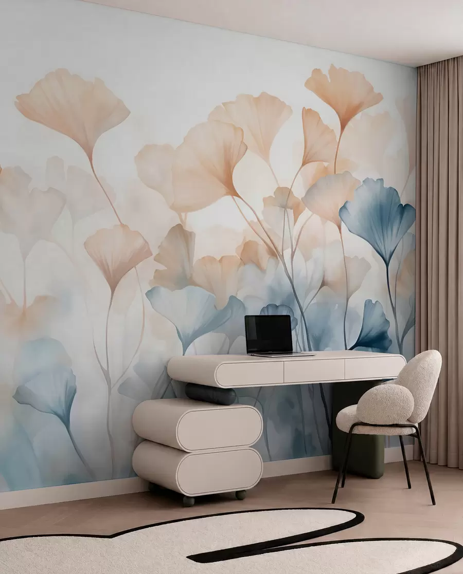 murais de parede Folhas de ginkgo em aquarela azul e laranja, pétalas translúcidas, caules delicados, paleta de cores suaves w08917