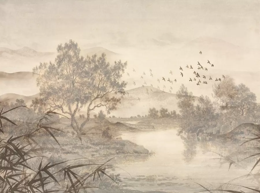 murais de parede Paisagem vintage texturizada com uma árvore perto de um rio e um céu nublado, arte da natureza em tons de sépia w08920