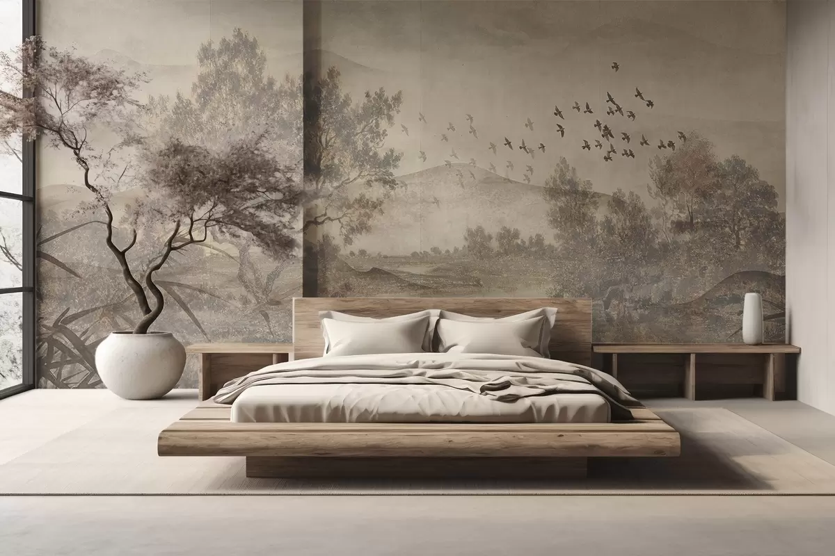 murais de parede Paisagem vintage texturizada com uma árvore perto de um rio e um céu nublado, arte da natureza em tons de sépia w08920