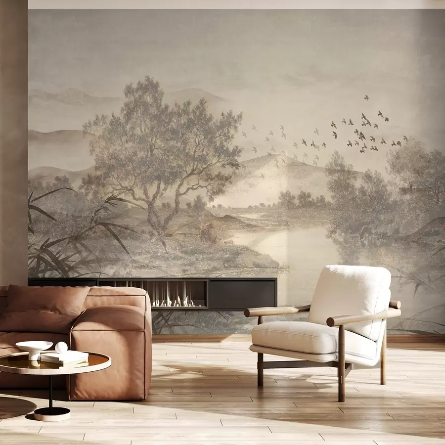 murais de parede Paisagem vintage texturizada com uma árvore perto de um rio e um céu nublado, arte da natureza em tons de sépia w08920