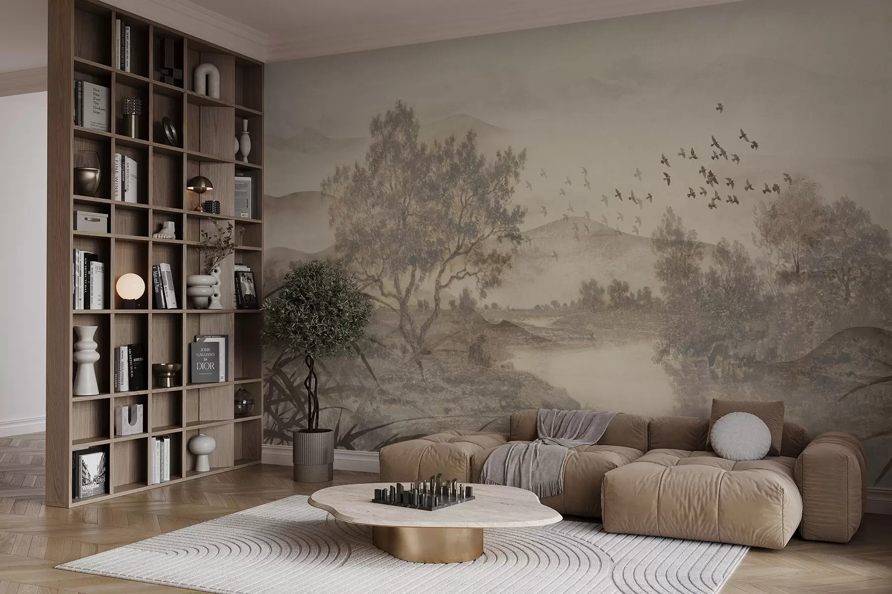 murais de parede Paisagem vintage texturizada com uma árvore perto de um rio e um céu nublado, arte da natureza em tons de sépia w08920