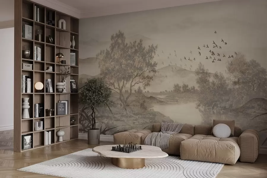 murais de parede Paisagem vintage texturizada com uma árvore perto de um rio e um céu nublado, arte da natureza em tons de sépia w08920
