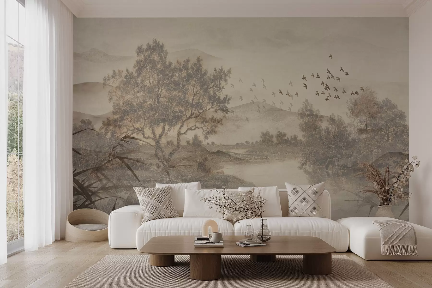 murais de parede Paisagem vintage texturizada com uma árvore perto de um rio e um céu nublado, arte da natureza em tons de sépia w08920