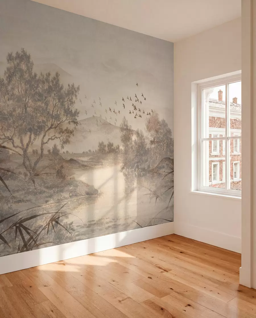 murais de parede Paisagem vintage texturizada com uma árvore perto de um rio e um céu nublado, arte da natureza em tons de sépia w08920