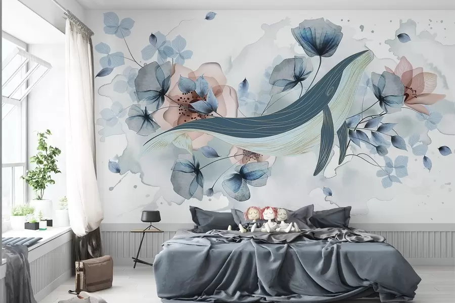 murais de parede Uma baleia azul com flores, estilo aquarela, cores azul claro e rosa, fundo claro w08922