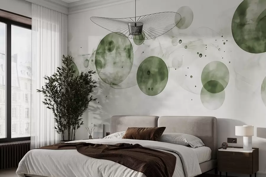 murais de parede Círculos em estilo aquarela, abstração, etéreo, arte fluida, cores verdes w03405v1
