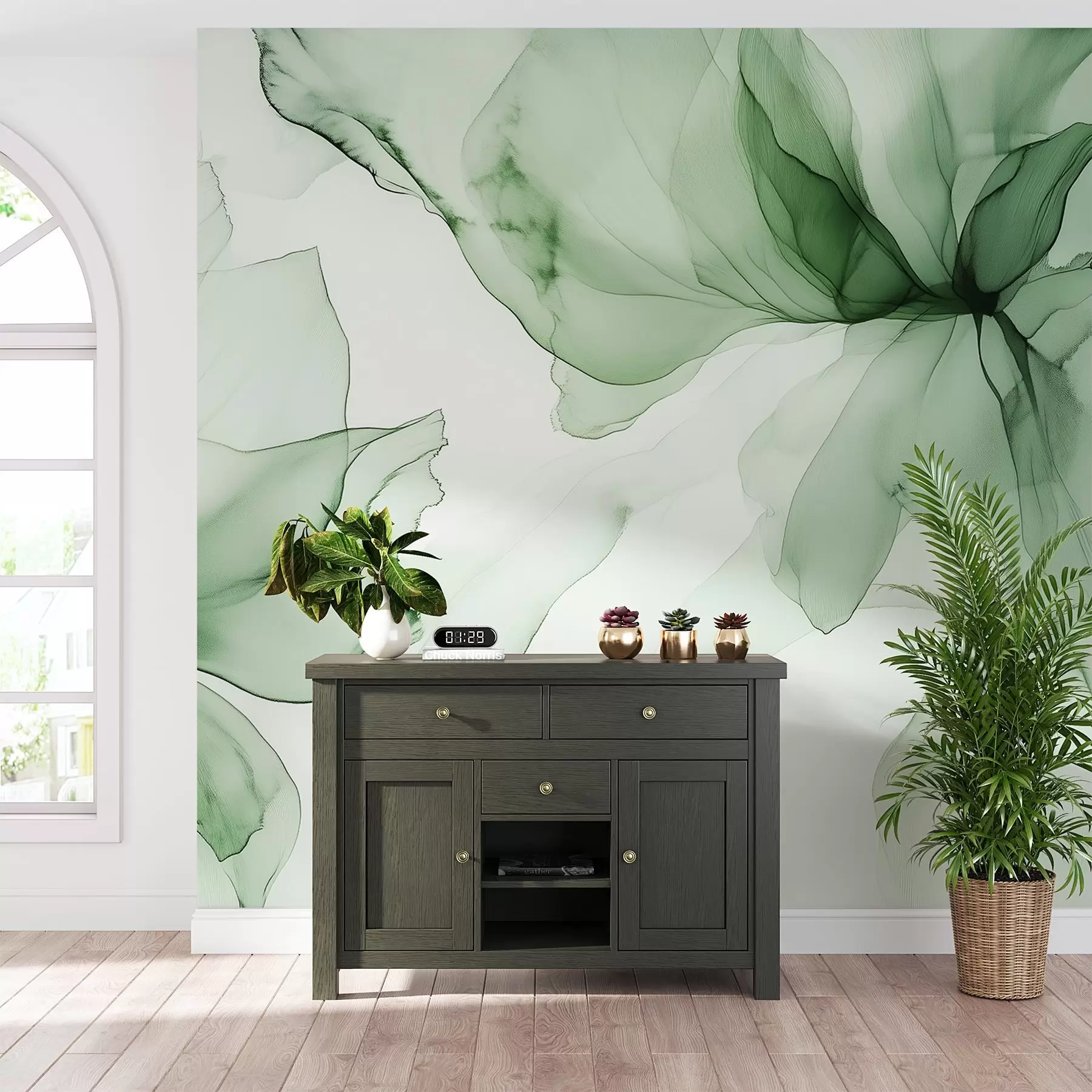 murais de parede Flores de estilo fluido, abstração floral, aquarela, paleta de cores verdes  w03406