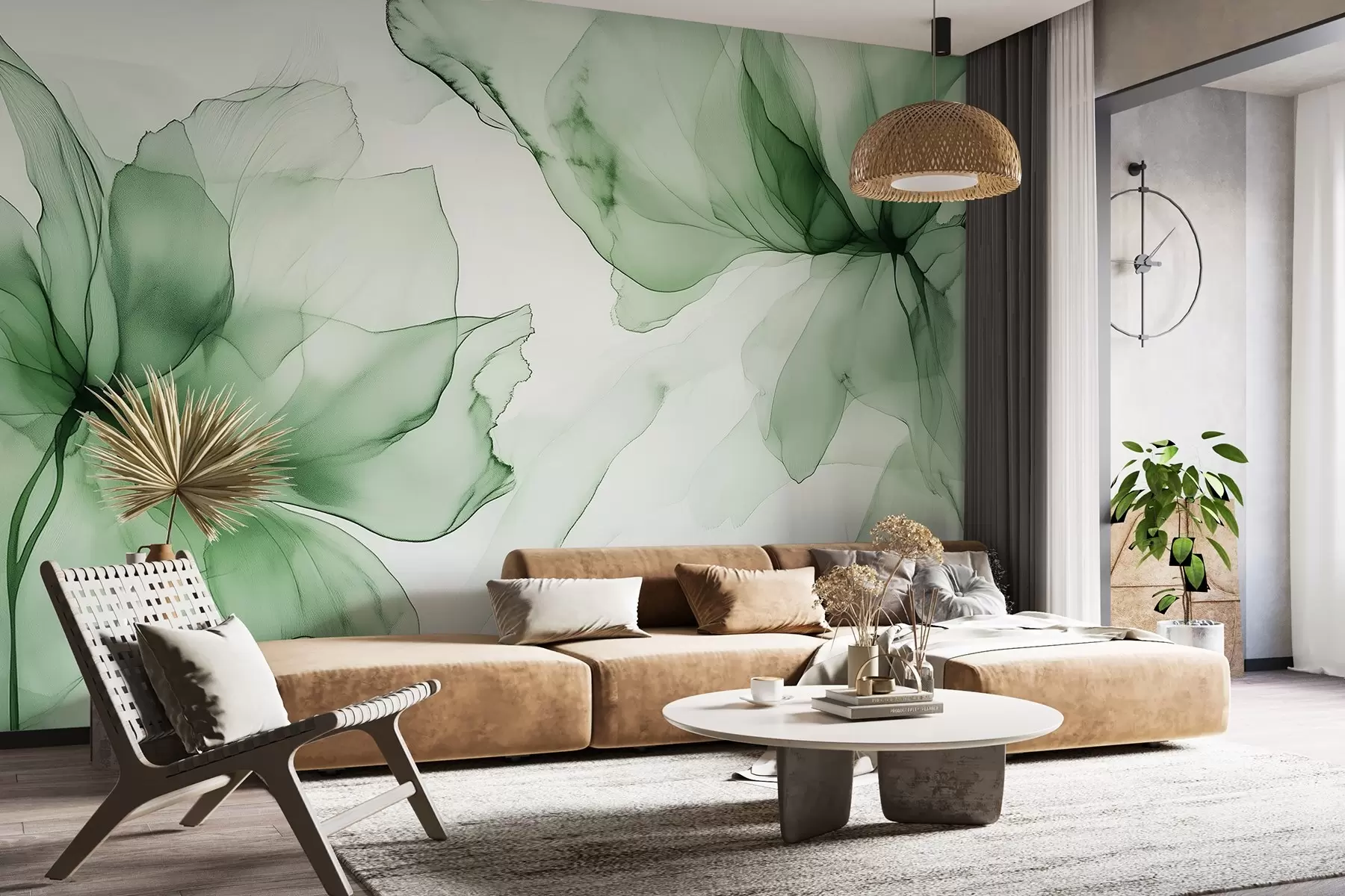 murais de parede Flores de estilo fluido, abstração floral, aquarela, paleta de cores verdes  w03406