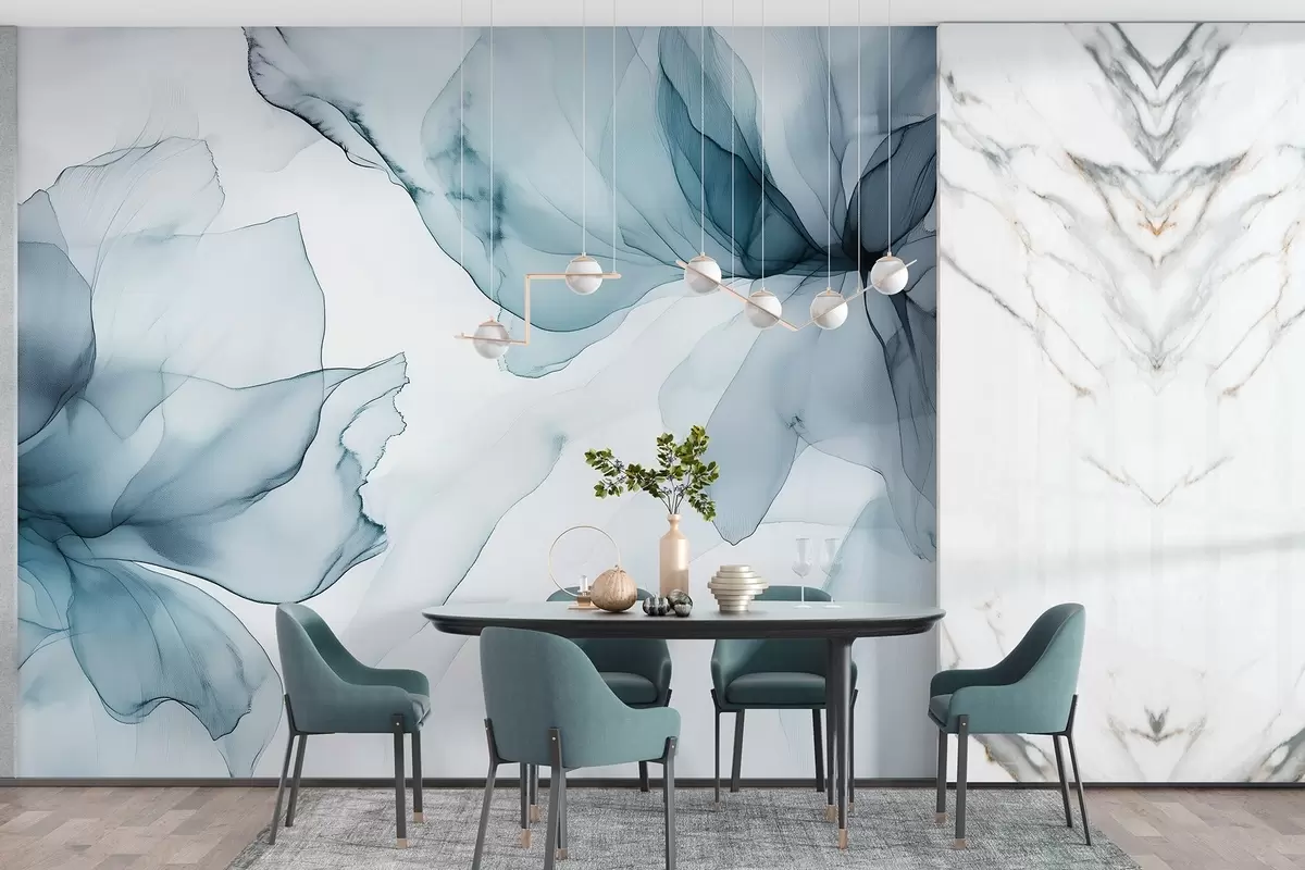 murais de parede Flores de estilo fluido, abstração floral, aquarela, paleta de cores azuis  w03406v2