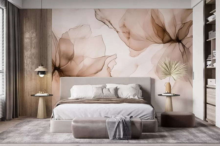 murais de parede Flores de estilo fluido, abstração floral, aquarela, paleta de cores bege  w03406v3