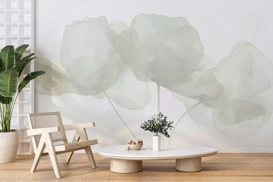 murais de parede Lindas flores, tons pastéis suaves, minimalismo, natural, rústico, bege e verde w03407