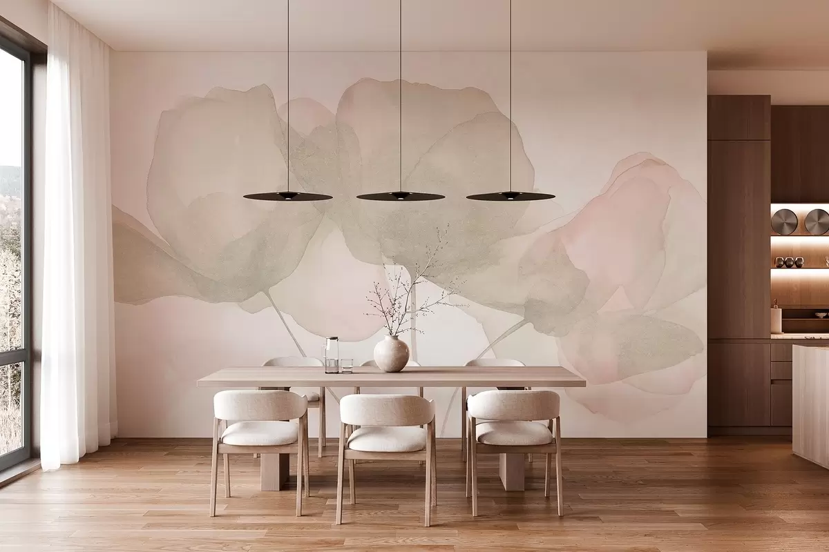 murais de parede Lindas flores, tons pastéis suaves, minimalismo, natural, rústico, bege e rosa w03407v1