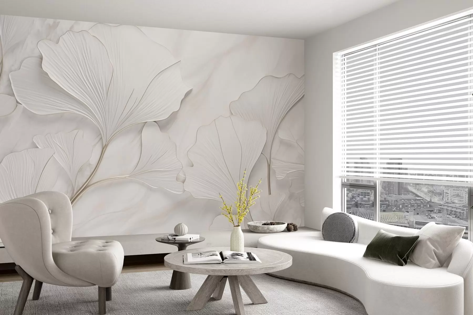 murais de parede Folhas em tons pastéis em um fundo de mármore w03440