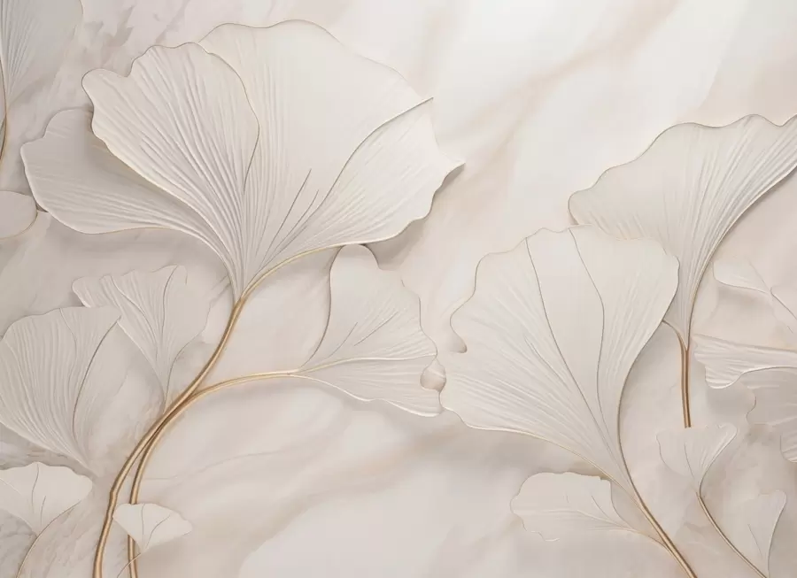 murais de parede Folhas em tons pastéis em um fundo de mármore em tons de bege w03440v1