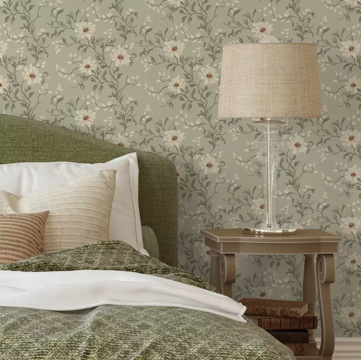 Papel de parede Flores brancas com folhas ondulantes em um fundo claro a00001v1